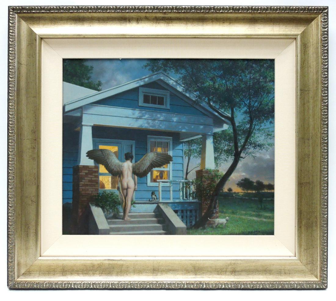 Sam Yeates, Oil on Board, Icarus at the Porch.: Sam Yeates (American, b. 1951), Oil on board. Icarus at the porch. Winged nude advancing up a porch at dusk. 20 x 24 inches. Within deep silvered frame with mahogany finish. 30 x 34 inches overall.