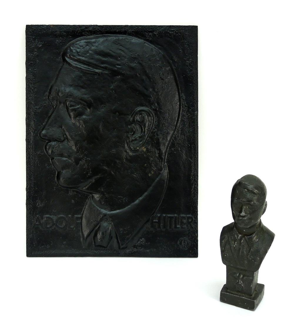 2 German WWII Military Artifacts.: 2 German WWII military artifacts: an iron plaque cast in relief with the profile bust of Adolf Hitler, incised foundry mark: JHJ. 16 x 11 3/4 inches. And a heavy cast metal bust of Hitler, marked on t