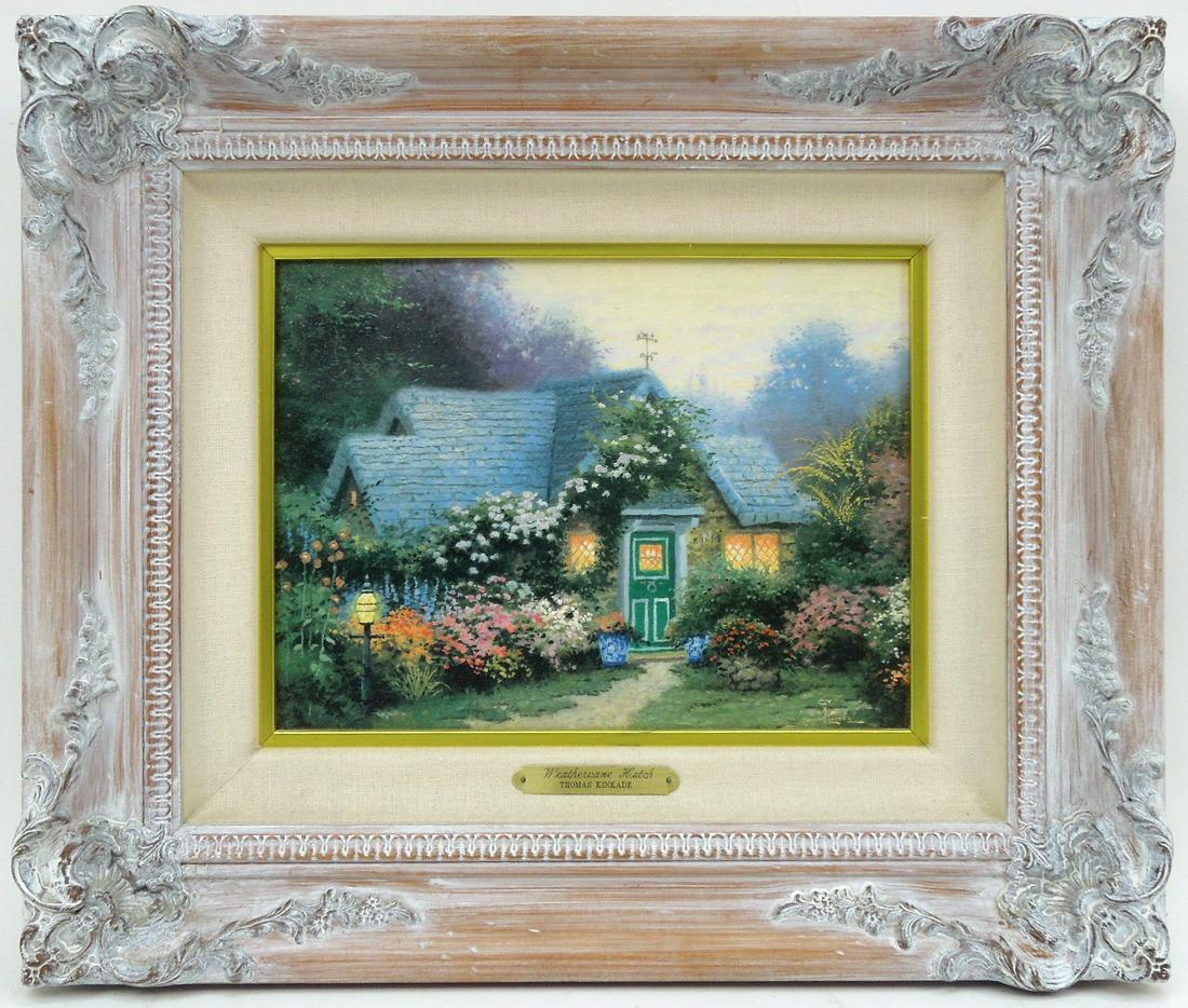 Thomas Kinkade Canvas Lithograph, Weathervane Hutch.: Thomas Kinkade Canvas Lithograph, Weathervane Hutch. 9" x 12". Framed. Lightpost Publishing stenciled stamp on the back of the frame.