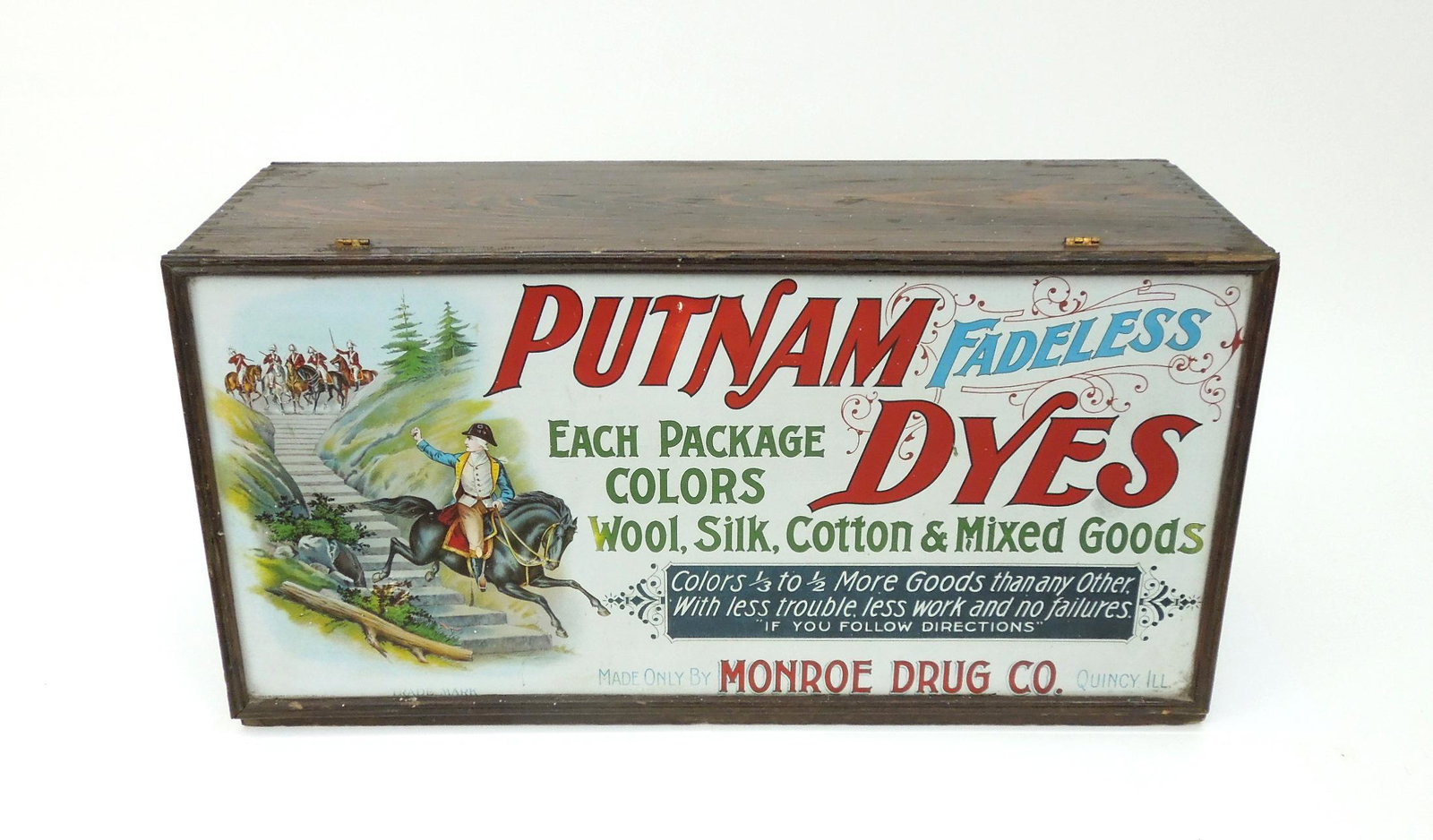 1920s Putnam Fadeless Dyes Store Display Cabinet.: 1920s Putnam Fadeless Dyes double sided store display cabinet. Monroe Drug Co. Quincy Ill. Signage is in Tin, Box is pine wood. 21" x 8.5" x 10".