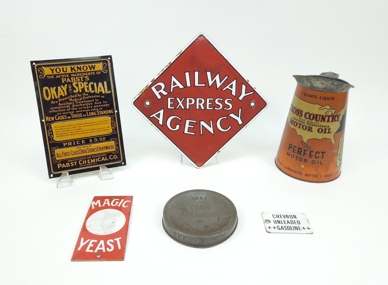 Group of Vintage Metal & Enameled Advertising Signs.: Group of vintage metal and enamel advertising signs incl. Oil can, beech nut change tray, Railway Express Agency, Pabst Chemical Co.