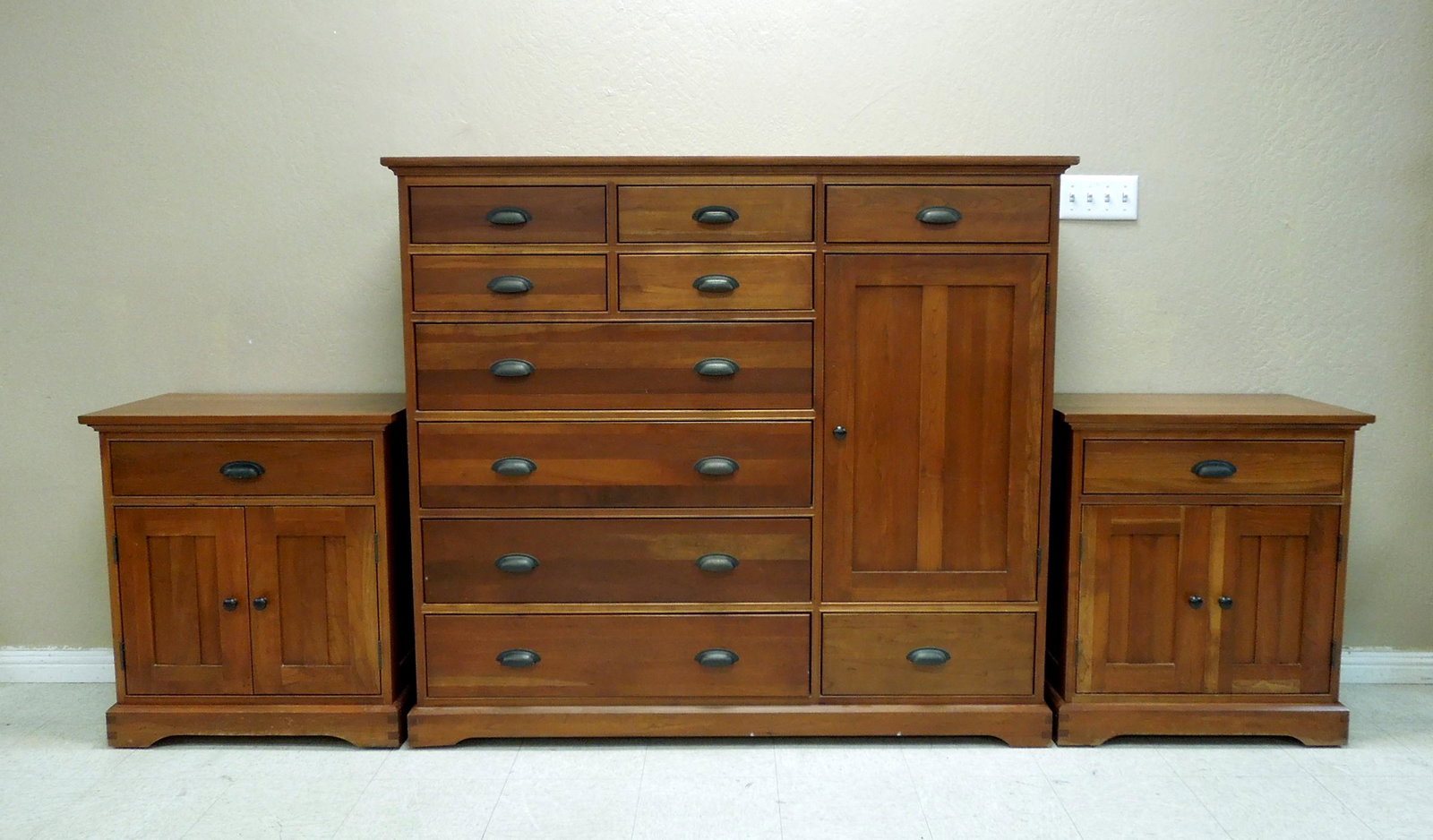Michaels Furniture Co. Mahogany Bedroom Set.: Michaels Furniture Co. mahogany 3-pc bedroom set with cedar lined drawers. Gentleman's chest and 2 side cabinets. (Chest: 61.5" L, 17.5" D, 55" H).
