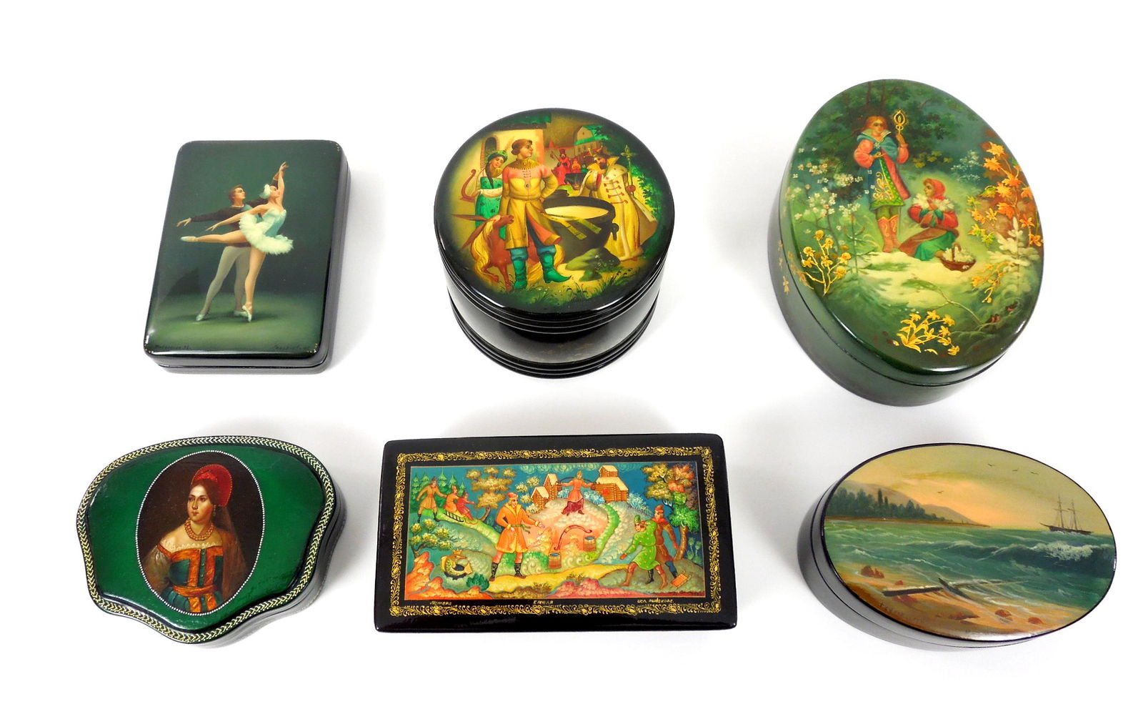 (6) Russian Lacquer Boxes.: (6) Russian lacquer boxes.