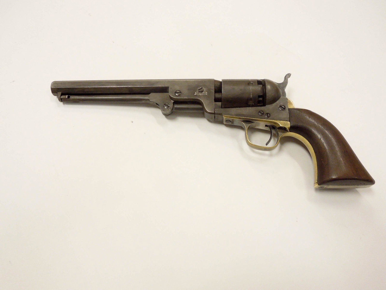 Colt 1851 Navy Revolver, matching Numbers.: Antique Colt 1851 Navy revolver with matching numbers. Octagonal barrel marked ADDRESS SAML COLT HARTFORD CT. Caliber .36. Serial number 97554. Barrel length 7.5 inches.