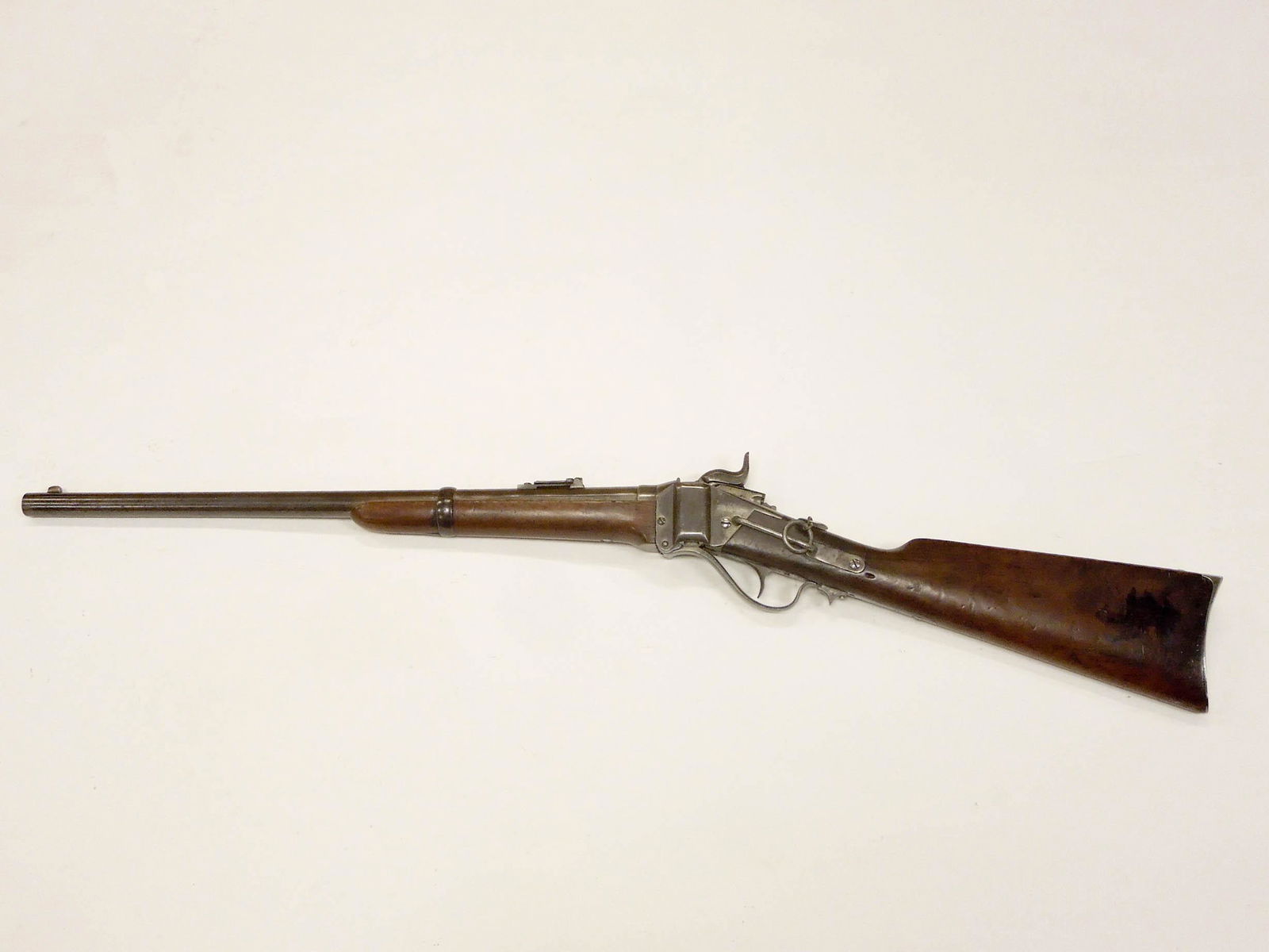 Sharps 1863 Saddle Ring Carbine.: U.S. Civil war era Sharps saddle ring carbine rifle. Percussion cap with falling block action, .52 caliber, 22 inch barrel. Barrel stamped "New Model 1863" behind front sight and SHARPS RIFLE MANUFG.