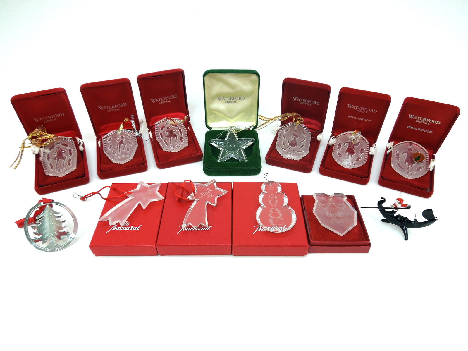 Group of Christmas Ornaments incl. Waterford, Baccarat.: Group of Waterford, Baccarat and other crystal ornaments in boxes.