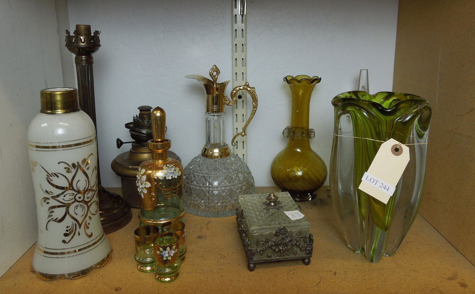 Group of Decorative Lamps, Vases, Decanters and Others.: Group of decorative lamps, vases, decanters and miscellany including silver plated columnar oil lamp with gilt glass shade; hand painted Bohemian glass schnapps decanter and three shots; Murano glass