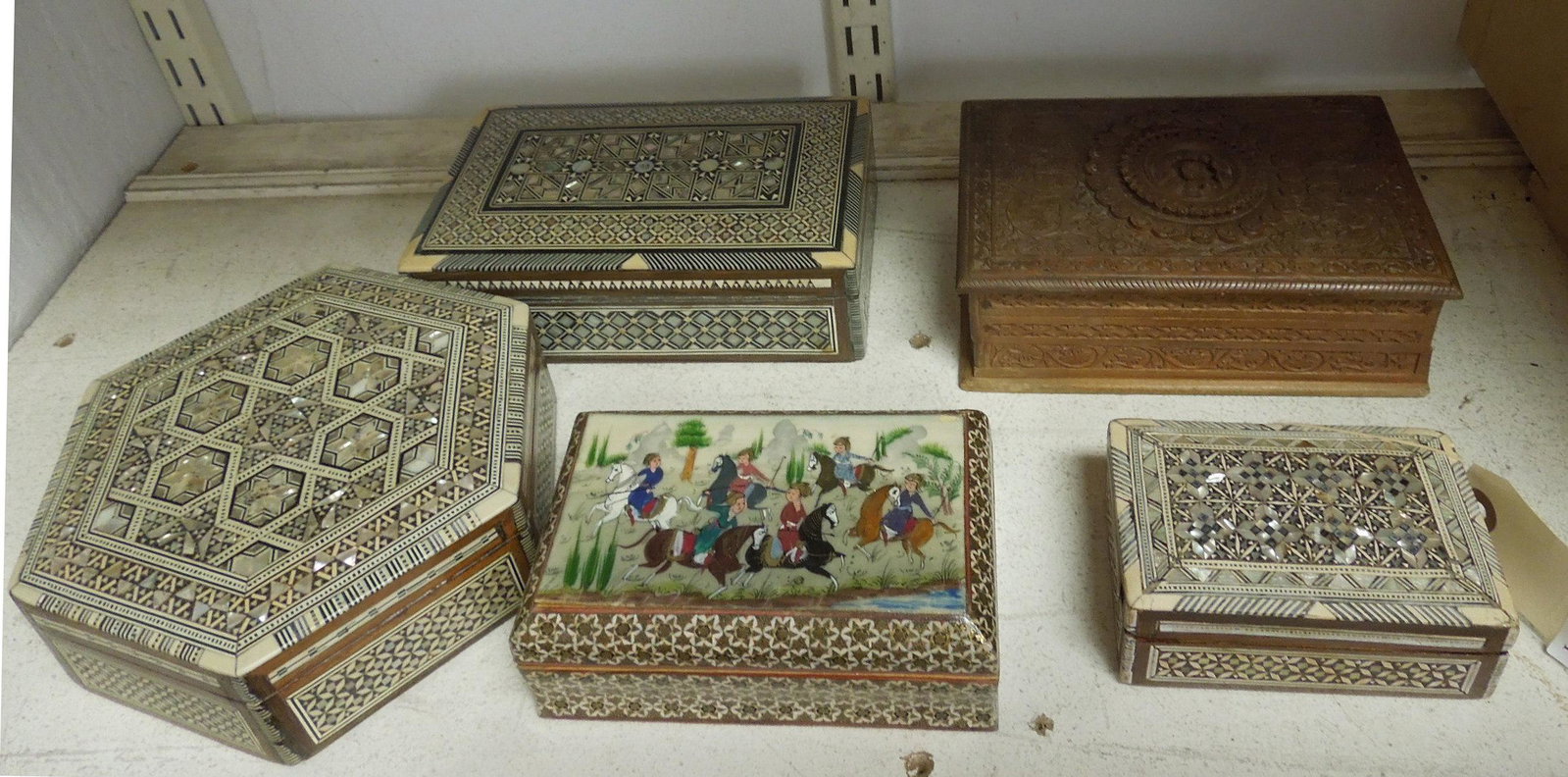 Khatam Kari and Carved Wood Boxes. (5 total).: Group of 5 Middle Eastern Khatam-kari inlaid and carved wood lidded boxes.