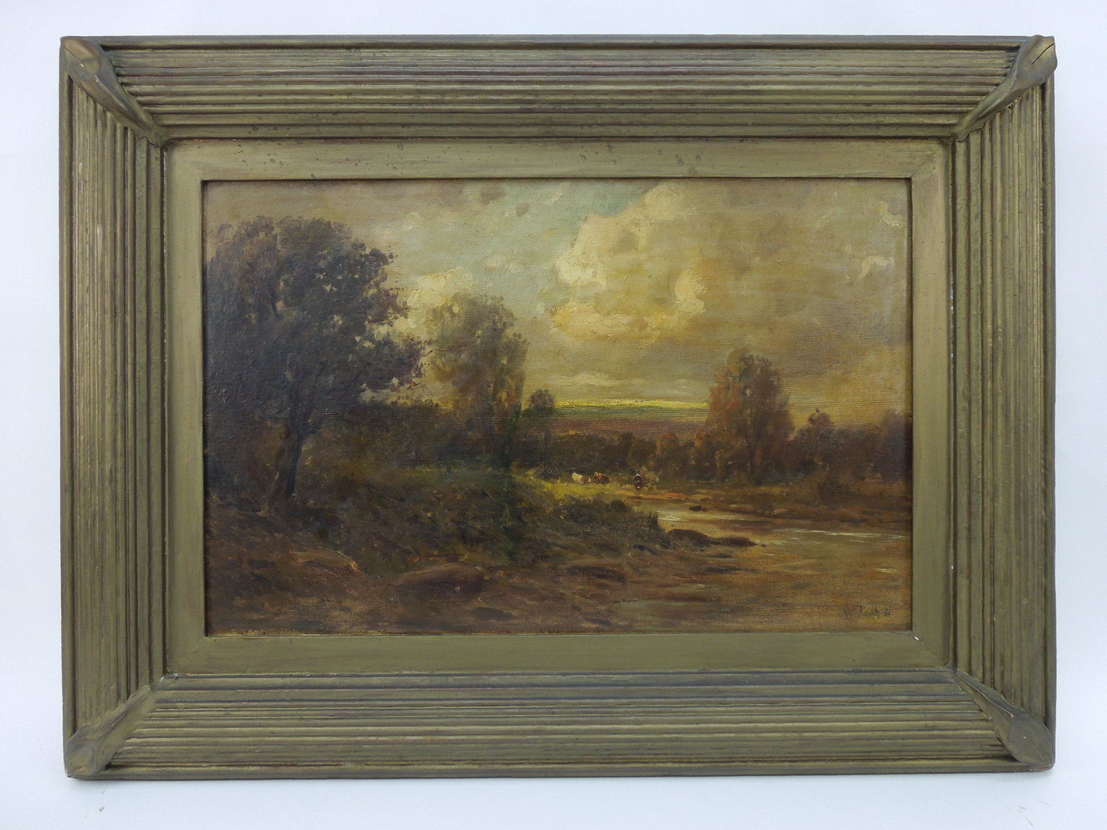William Keith, Oil on Canvas on Board.: William Keith (American 1838 - 1911) Oil on canvas on board. Wooded landscape, cattle at water's edge. Signed lower right, W. Keith, dated 81. 17 1/2 x 28 1/2. Framed overall: 27 x 36 inches.