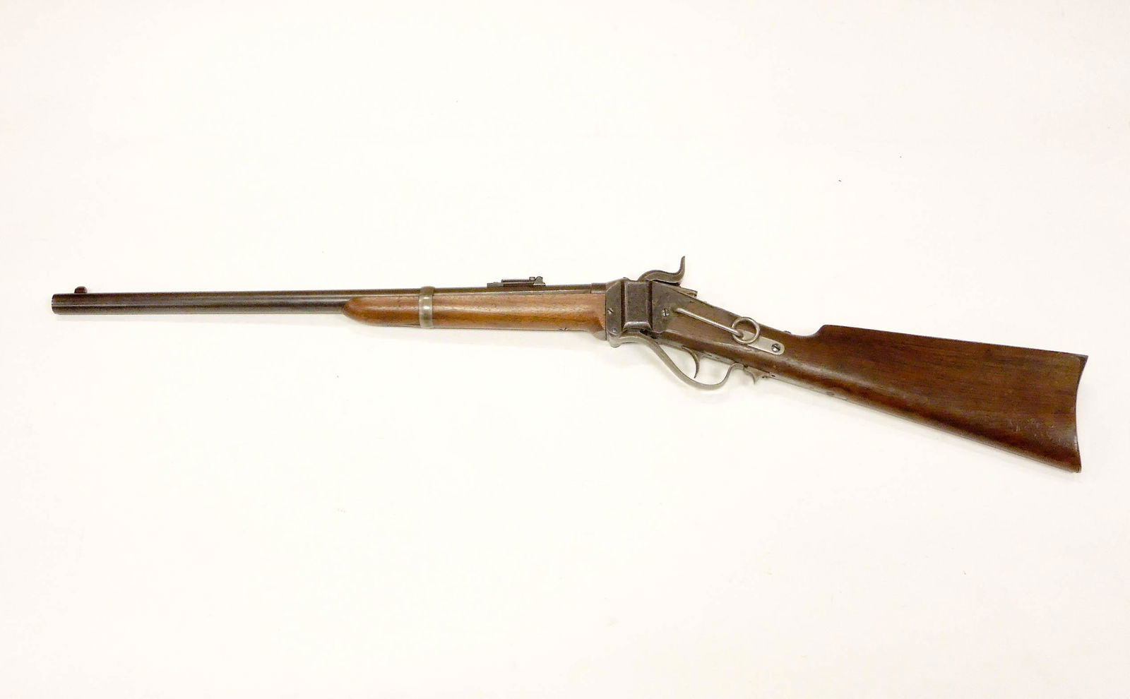 C. Sharps 1863 Saddle Ring Carbine.: U.S. Civil war era Sharps saddle ring carbine rifle. Percussion cap with falling block action, .52 caliber, 22 inch barrel. Barrel stamped "New Model 1863" behind front sight. Receiver stamped C SHARP