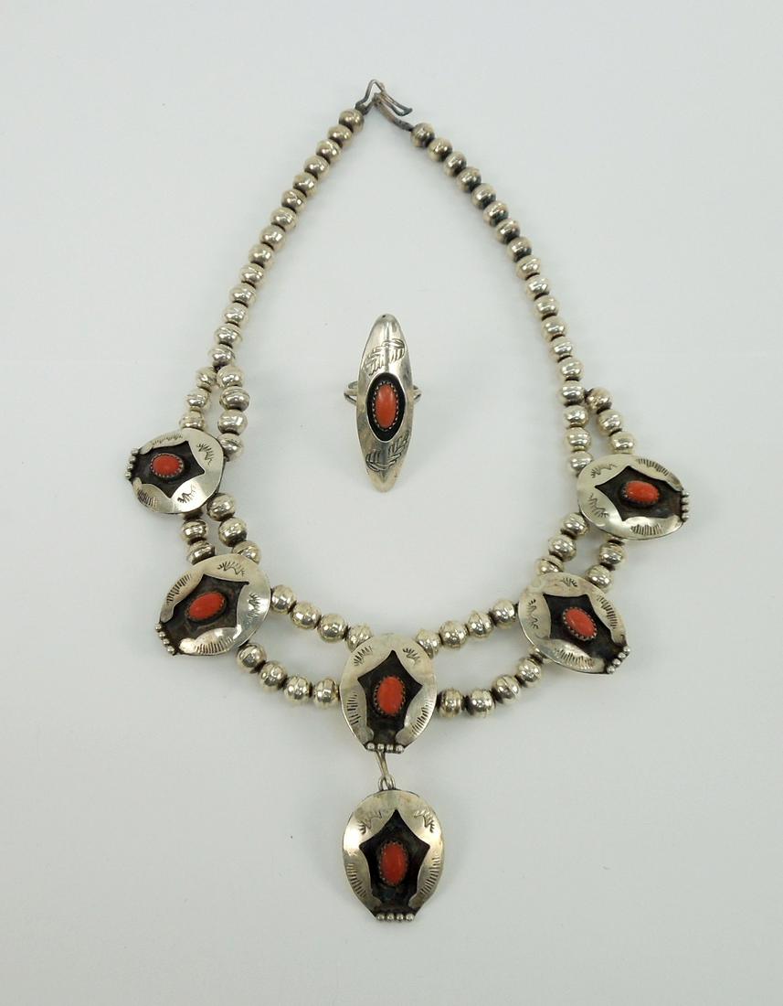 Native American Silver and Coral Necklace and Ring. (1 of 2)
