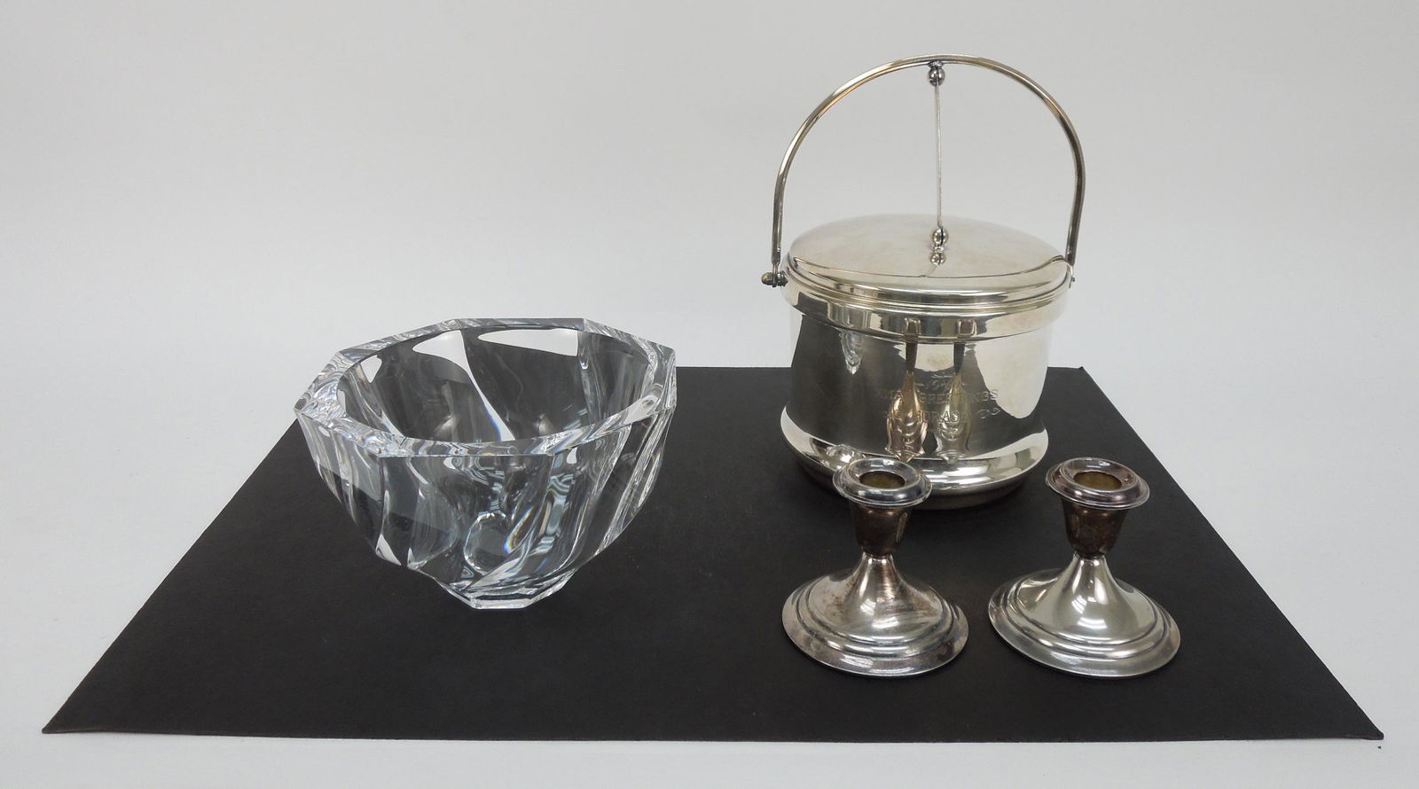 Orrefors Bowl, Silver Plated Ice Bucket & Candlesticks. (1 of 1)