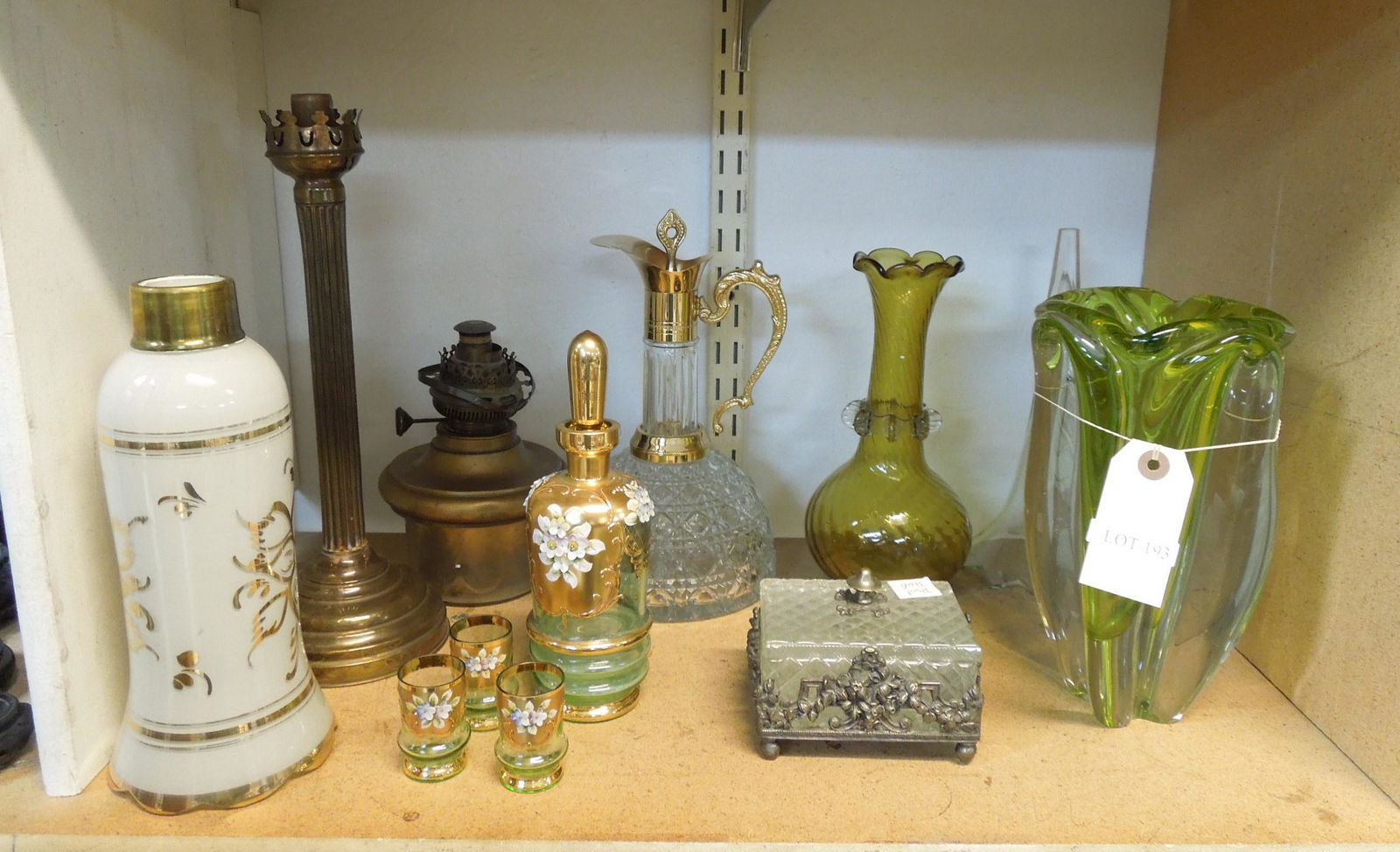 Group of Decorative Lamps, Vases, Decanters and Others.: Group of decorative lamps, vases, decanters and miscellany including silver plated columnar oil lamp with gilt glass shade; hand painted Bohemian glass schnapps decanter and three shots; Murano glass