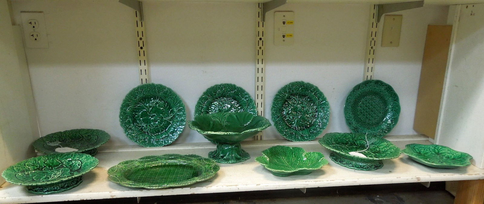 (11) Green Majolica Dishes including Wedgwood. (1 of 1)