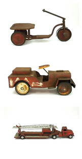 (3) Vintage Metal Children's Toys.: (3) Vintage metal children's toys. Tricycle, Fire Department Pedal car, Fire Engine.