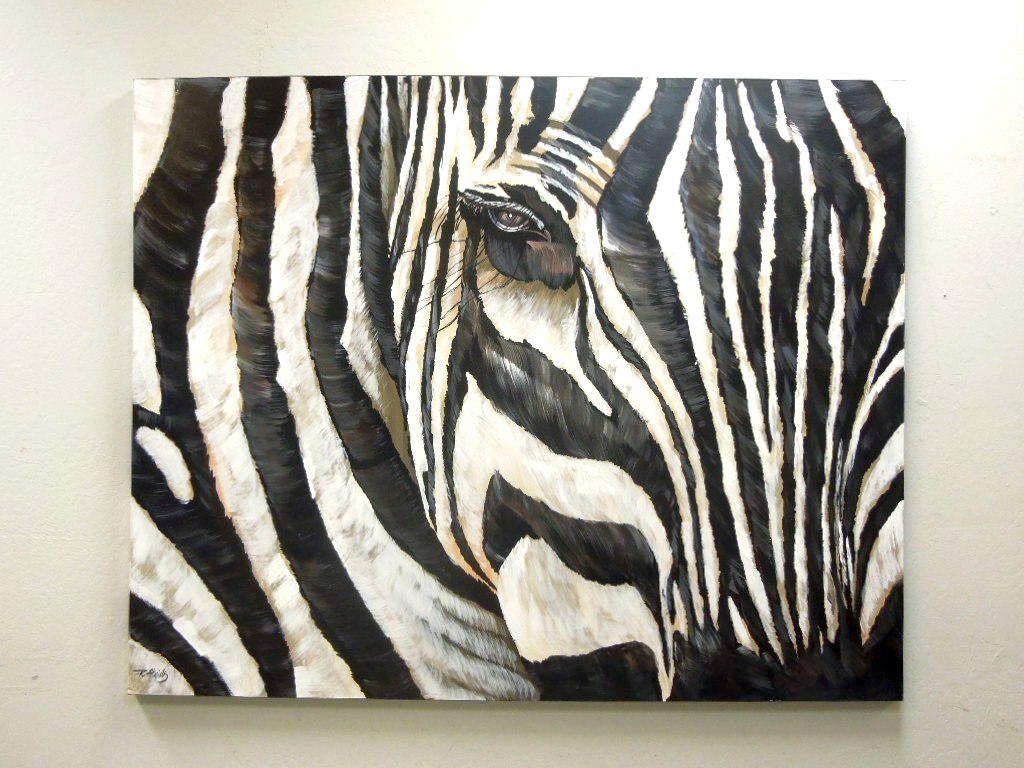 R. Atkins Decorative Painting, Zebra Face.: R. Atkins decorative painting, Zebra Face. Signed lower left. R. Atkins. 48" x 60".