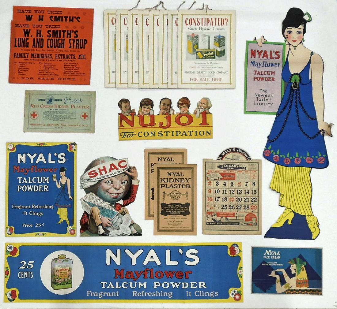 Collection of Vintage Advertising Signs & Ephemera.: Collection of vintage advertising signs and ephemera incl. W.H. Smith, Nyal's, Dr. Miles 1938 calendar, Shac Headache wafers, Nujol.