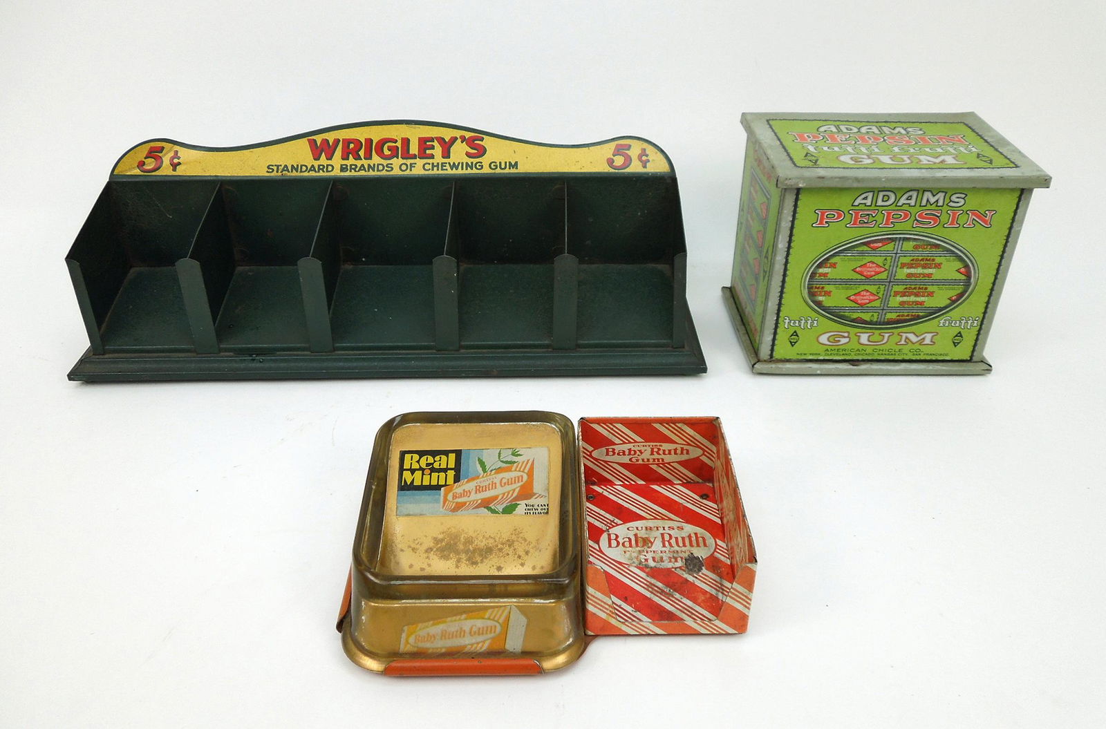 (3) Vintage Chewing Gum Store Displays.: (3) Vintage Chewing Gum store displays. Wrigley's 5 cent gum, Curtiss Baby Ruth, Adams Pepsin Tutti Frutti (tin).