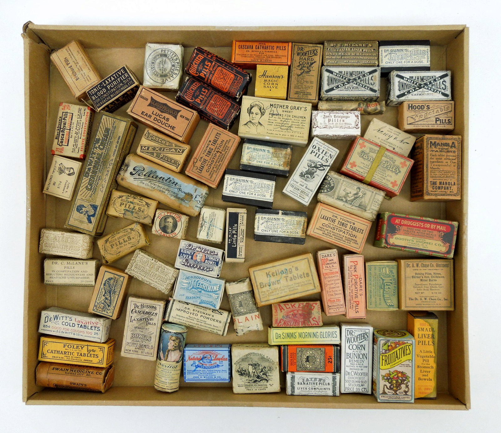 Collection of Antique Druggist Medicines in Boxes.: Collection of antique druggist medicine, pill and cure boxes with contents. Some unopened.
