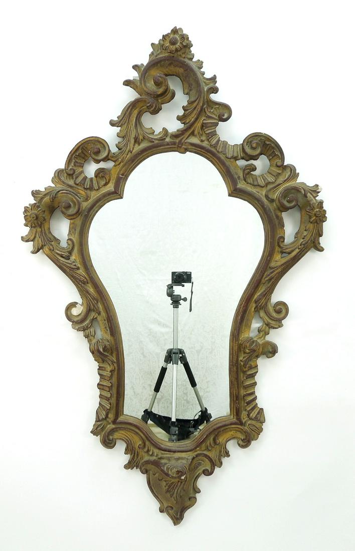 Rococo Carved Wood Shield Wall Mirror.: Rococo wall mirror, acanthine and scroll carved shield shape wall mirror. 48 x 30 inches.