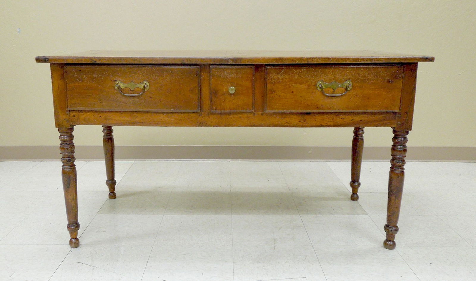 19th C. 3-Drawer Table / Desk.: 19th C. 3-drawer table / desk with parquet rectangular top. The paneled case fitted with 3 deep drawers and a slide out shelf on one end. Raised on turned legs. 52" L, 25" D, 26" H.