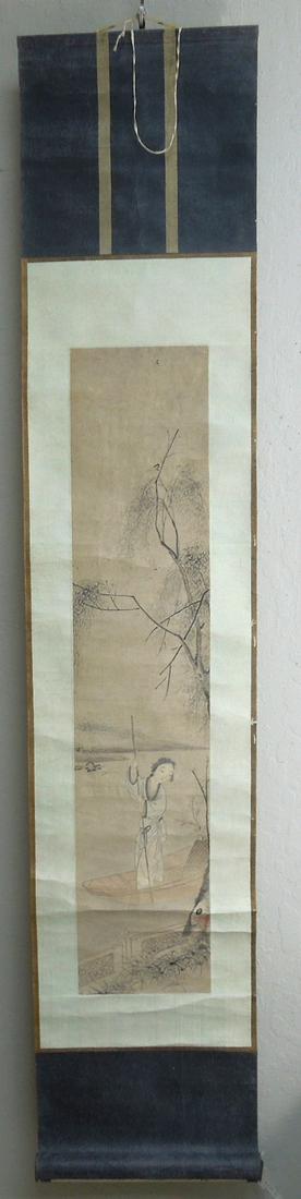 Chinese Scroll on Paper, Rowing the Boat.: Chinese scroll on paper, rowing the boat. Red character seal. 37 1/2" x 7 3/4".