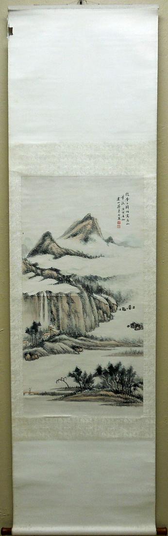 Chinese Landscape painting, Jiang Menggu.: Chinese scroll painting on paper, Jiang Menggu. Mountain landscape. Inscribed, with seal. 40" x 20 1/4". With silk borders.