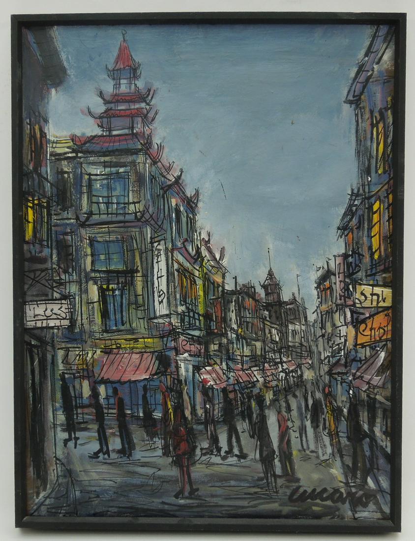 Pascal Cucaro Oil on Board, Chinatown Street Scene.: Pascal Cucaro (1915 - 2004), Oil on board, Chinatown street scene. Signed lower right, Cucaro. 24" x 18".