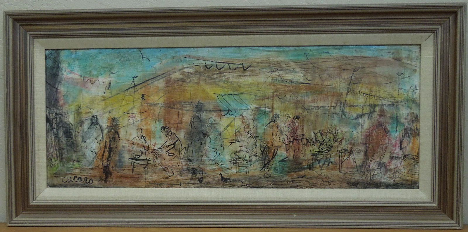 Pascal Cucaro Oil on Board, Figures on the Curbside.: Pascal Cucaro (1915 - 2004), Oil on board, Figures on the curbside. Signed lower left, Cucaro. 14" x 36".