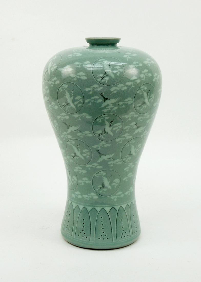 Korean Porcelain Crackle Glaze Vase.: Korean porcelain crackle glaze vase. Pale green with clouds and crane decoration. 2-Character mark on base. 13" tall, 7 1/2" x 7 1/2".