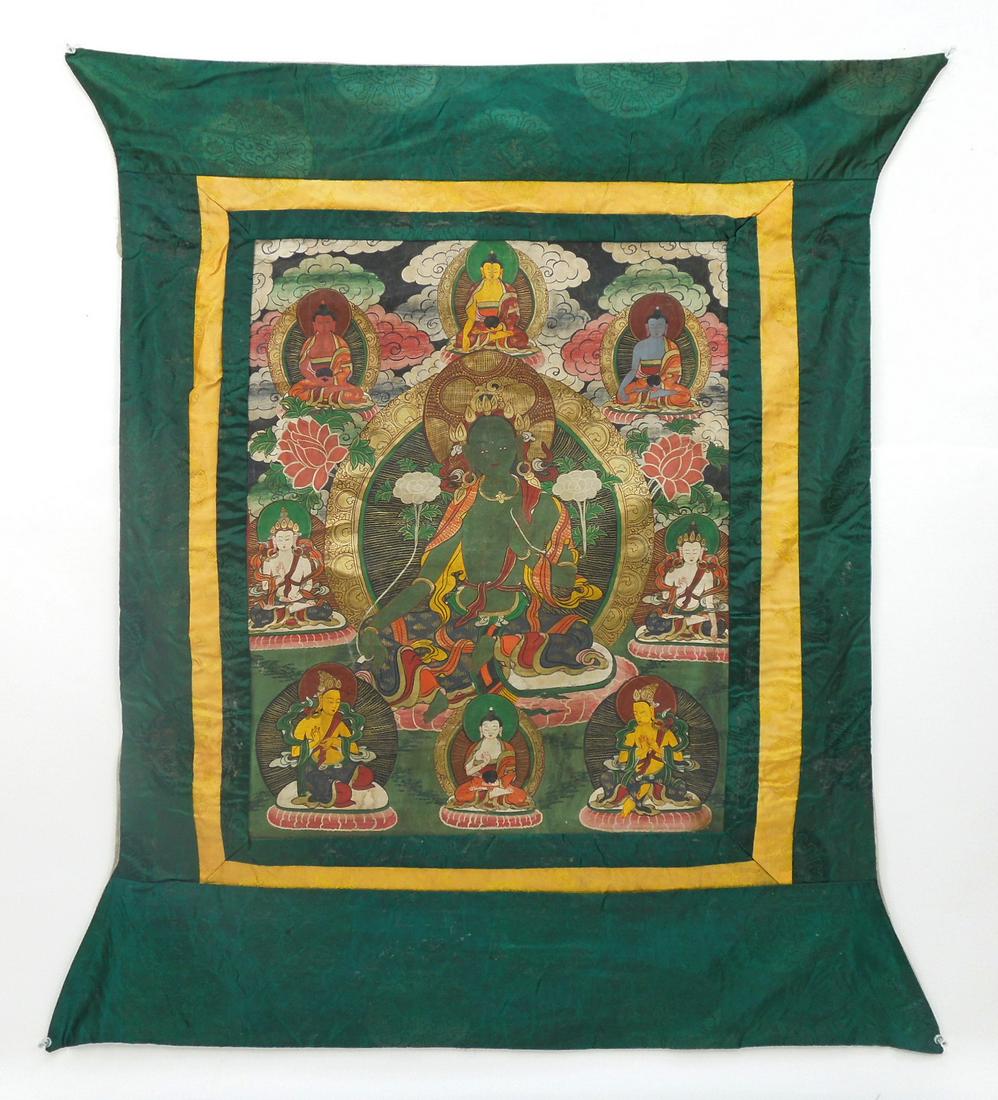 Tibetan Thangka.: Tibetan Thangka. Hand painted with Buddhist center figure and 8 associated figures. 41" x 31".