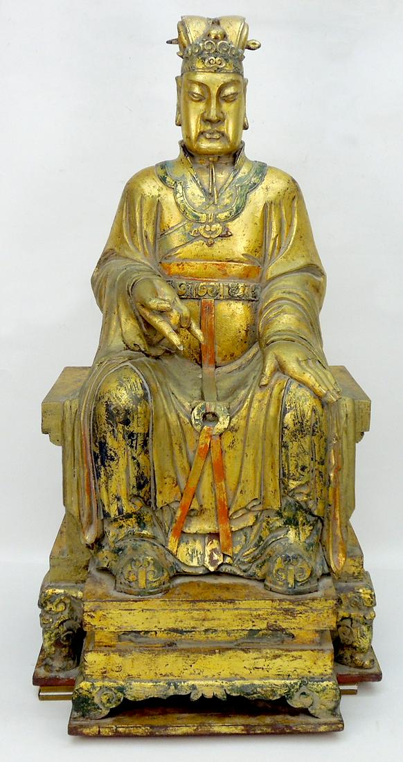 Oriental Gilt Painted Wood Seated Buddhist Figure.: Oriental gilt painted wood large seated Buddhist figure, first half 20th C. 44" tall, 24" x 18".