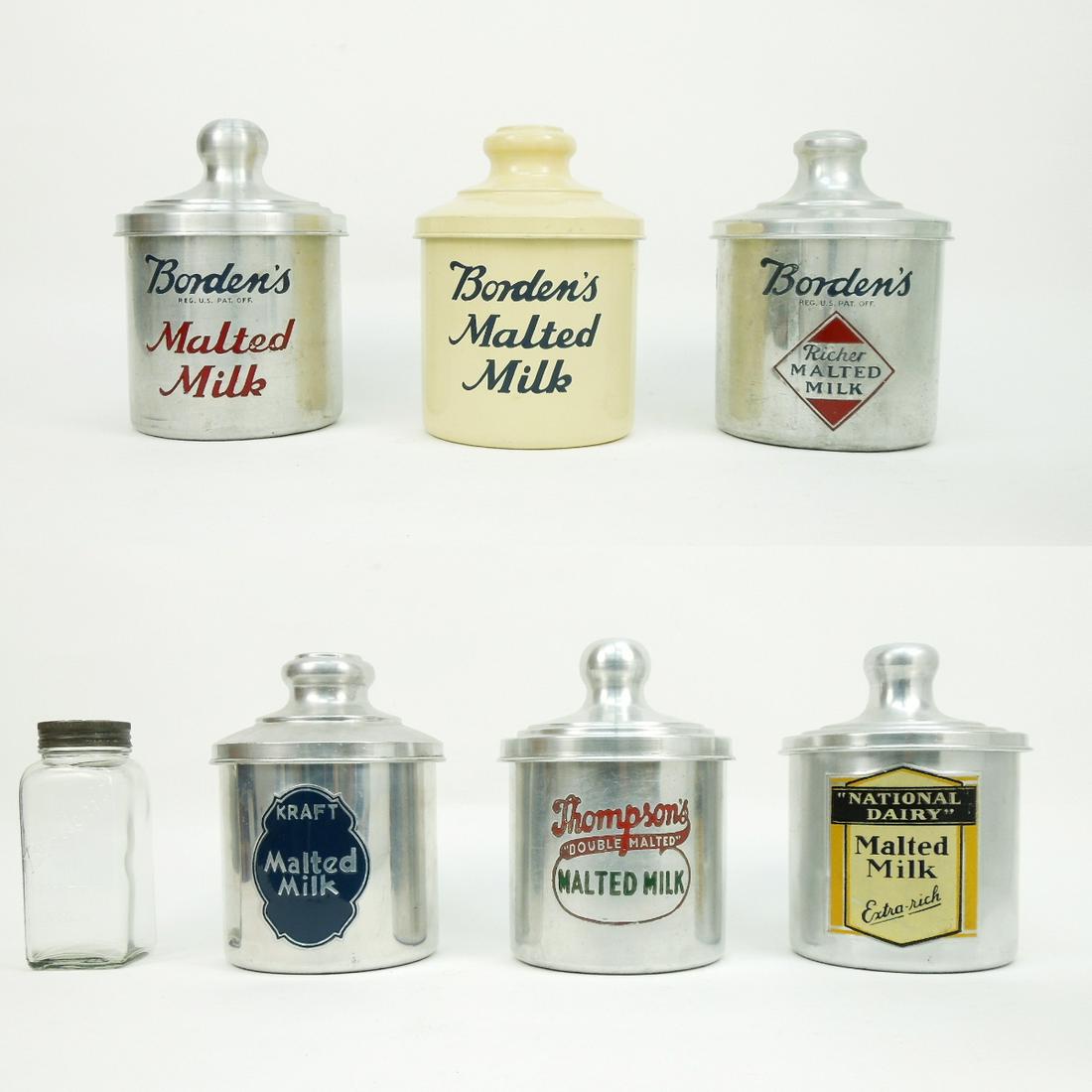 Group of (6) Vintage Malted Milk Canisters.: Group of (6) vintage Malted Milk canisters including Borden's, Thompsons, Kraft, National Dairy.