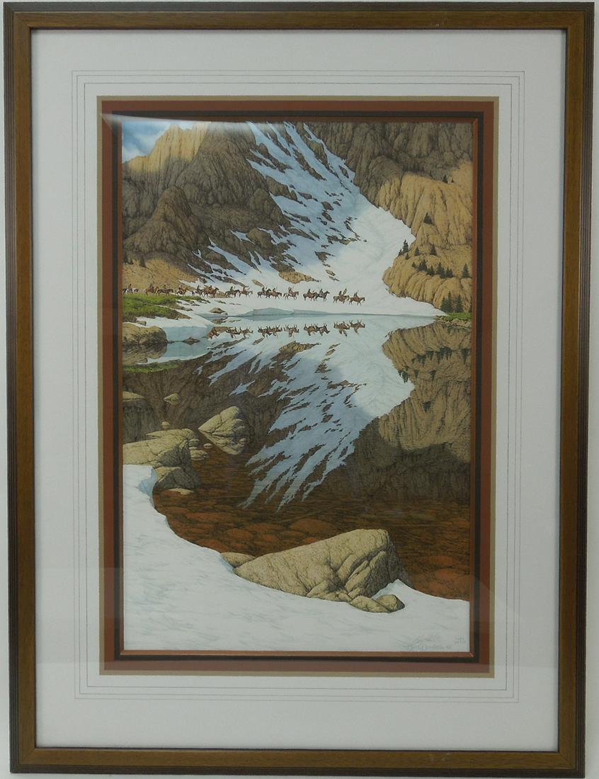 Bev Doolittle Lithograph, "Season of the Eagle".: Bev Doolittle (American b. 1947 - ) limited edition lithograph, "Season of the Eagle". Signed lower right, numbered 7450/36548. Framed. Sight 26-3/4 x 17-1/2 inches. Overall 39 x 29-3/4 inches.