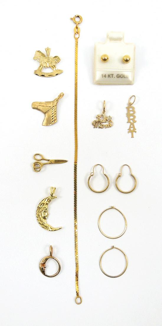 Group of Gold Charms, Earrings and Bracelet.: Group of gold charms, earrings and bracelet, marked 14K. 9.1 grams.
