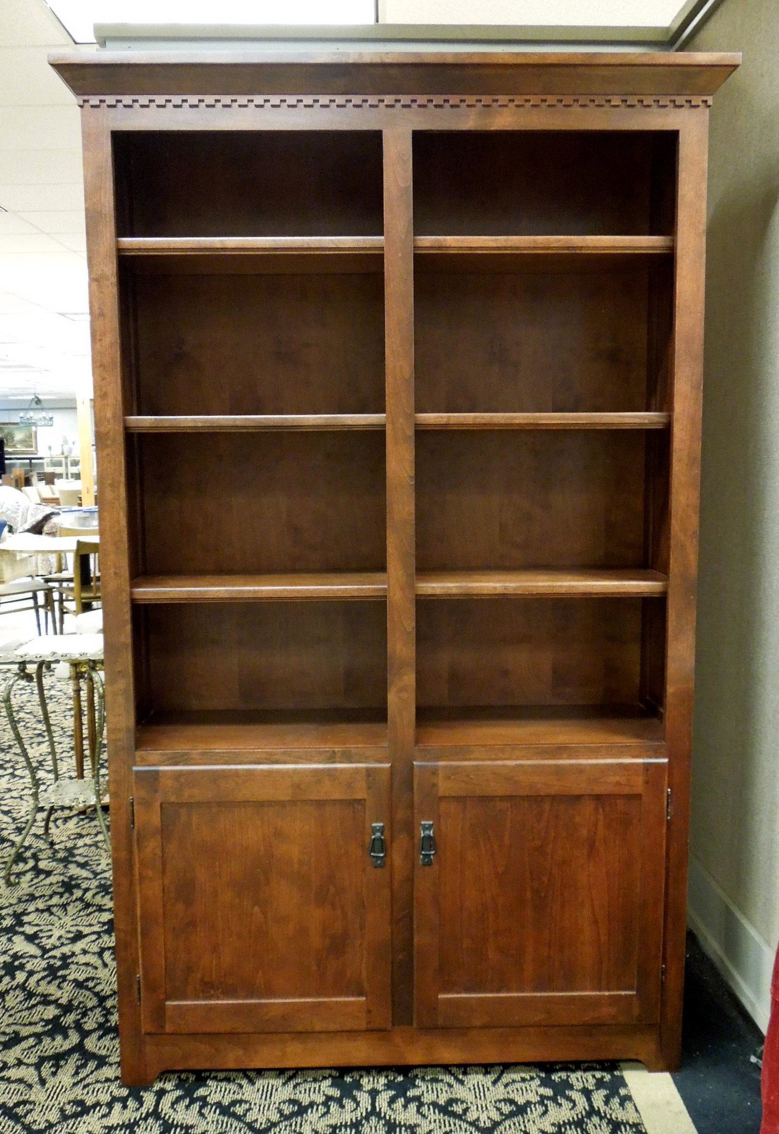 Contemporary 8-Shelf Double Bookcase.: Contemporary double bookcase with 8 open shelves and 2 doors. 52" x 14 1/2" x 83" tall.