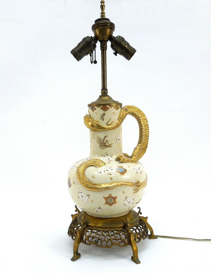 Japanese Meiji Period Satsuma Vase as a Lamp.: Fine Japanese Meiji period Satsuma vase as a lamp. Gilt dragon handle, dragon tail and floral decoration. Vase: 11" tall.