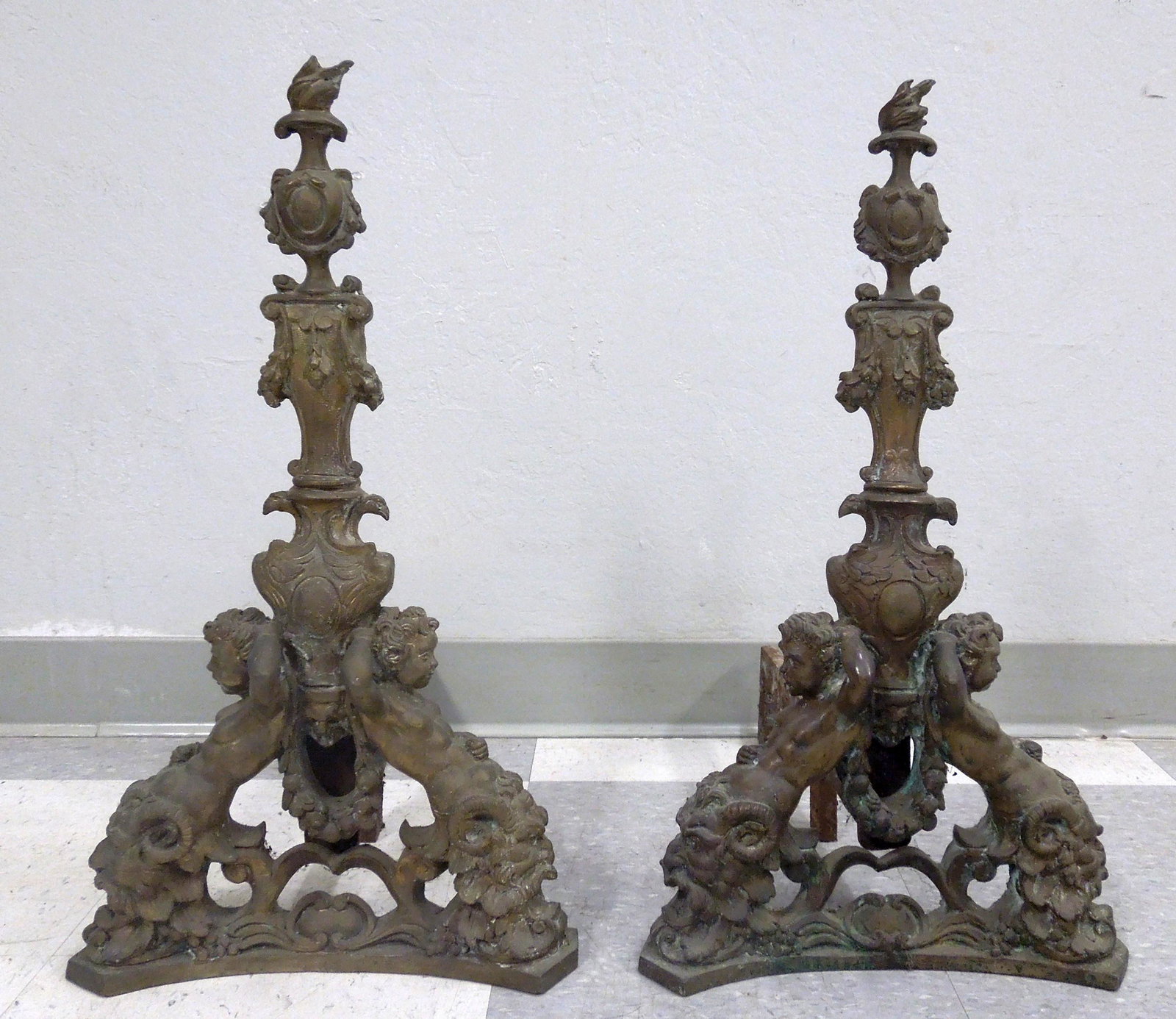 Pair of Late 18th C. Continental Cast Figural Andirons.: Pair of late 18th C. Continental cast metal figural andirons.