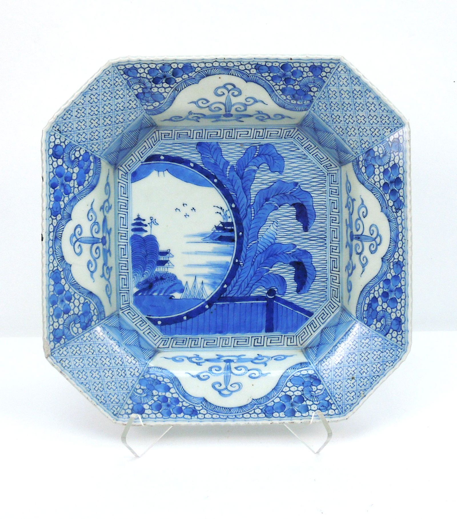 Japanese Antique Imari Blue & White Porcelain Dish.: Japanese antique Imari blue and white porcelain dish. 11 3/4 x 11 3/4 x 2 1/2 inches.