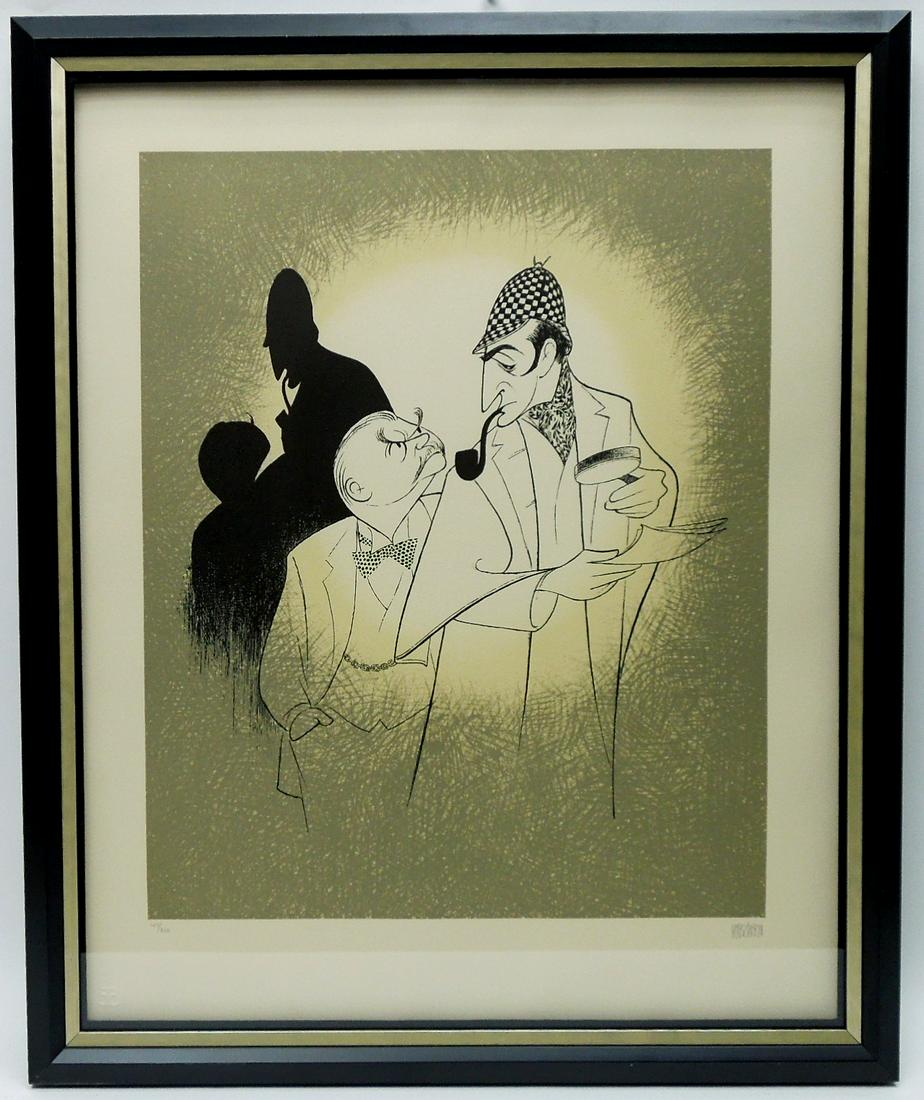 Albert Hirschfeld Lithograph, The Game's Afoot.: Albert Hirschfeld limited edition lithograph, The Game's Afoot, 147/320. Signed lower right. 20 1/2 x 16 3/4 inches. Framed, under plexiglas. Overall: 23 3/4 x 28 3/4 inches overall.