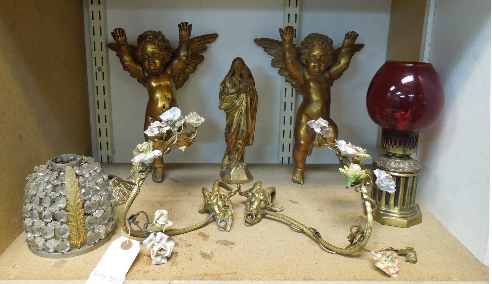 Group of Wall Sconces and Collectibles.: Group of collectible items incl. gilt metal and enamel wall sconces, gilt ceramic wall cherubs.