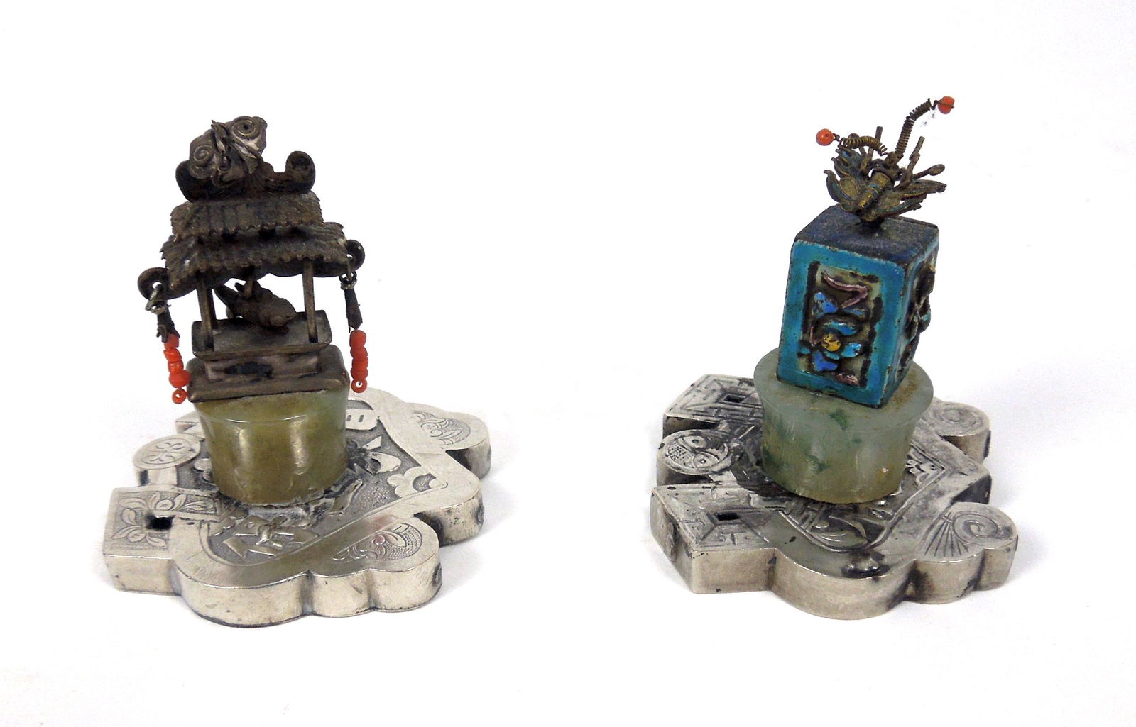 (2) Chinese Silver Metal and Jade Trinkets. (1 of 3)