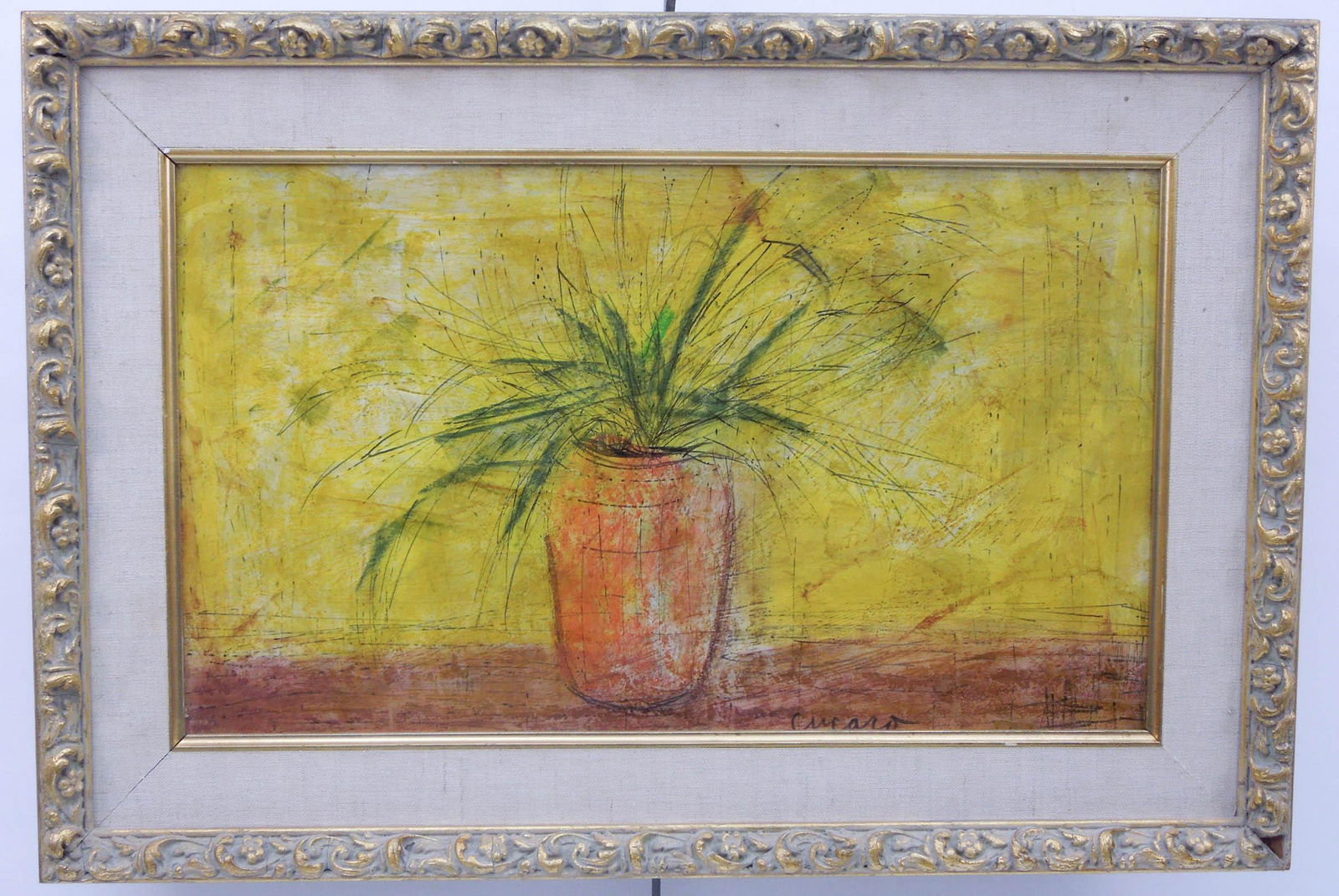 Pascal Cucaro Oil on Board, Still Life.: Pascal Cucaro (1915 - 2004), Oil on board, still life, vase with plant. Signed Cucaro. 12 x 20 inches. Framed. Overall: 17 x 25 inches.