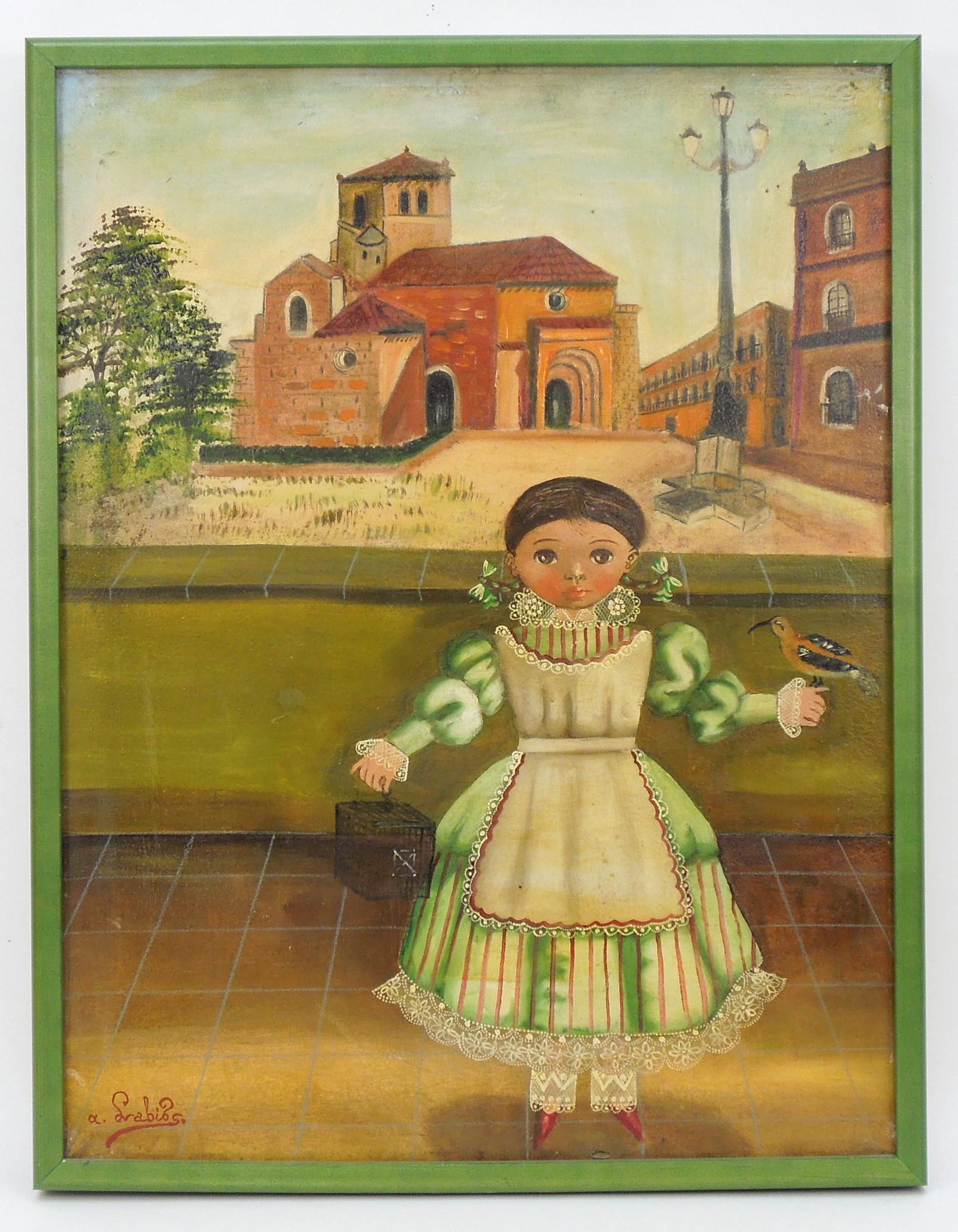 Agapito Labios Oil on Canvas, Girl with Bird & Basket.: Agapito Labios (1898 - 1996), Oil on canvas, girl with bird and basket. Signed lower left. 23 3/4" x 18 1/4". Framed.