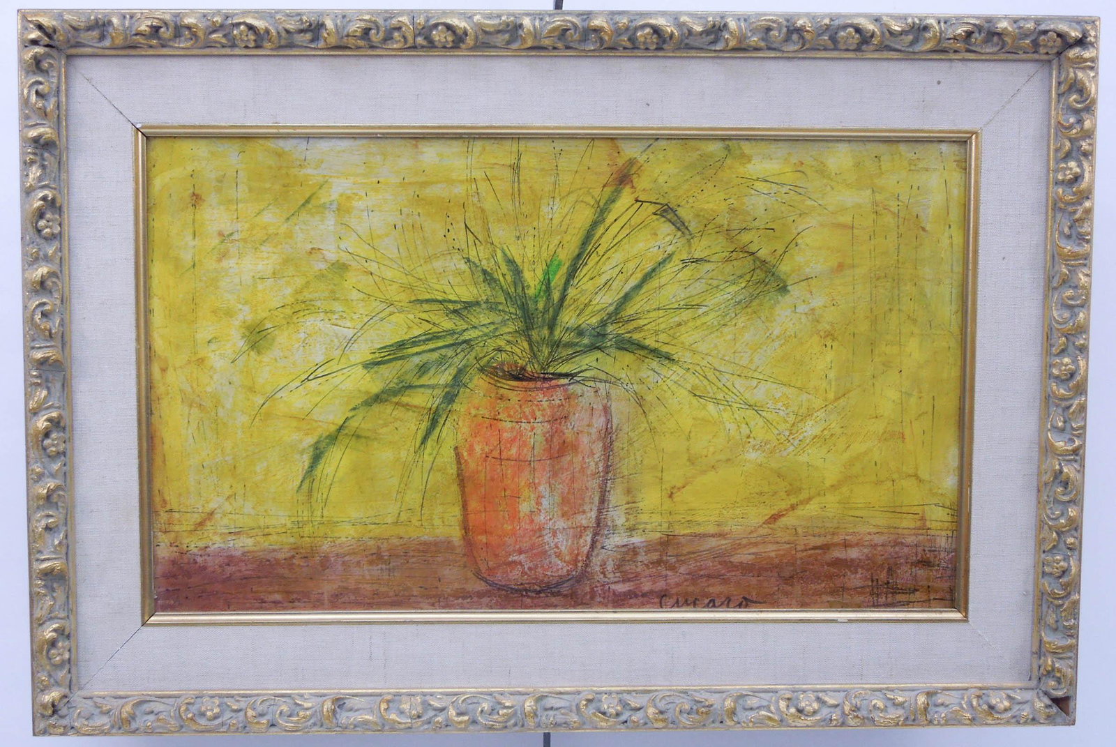 Pascal Cucaro Oil on Board, Still Life.: Pascal Cucaro (1915 - 2004), Oil on board, still life, vase with plant. Signed Cucaro. 12 x 20 inches. Framed. Overall: 17 x 25 inches.