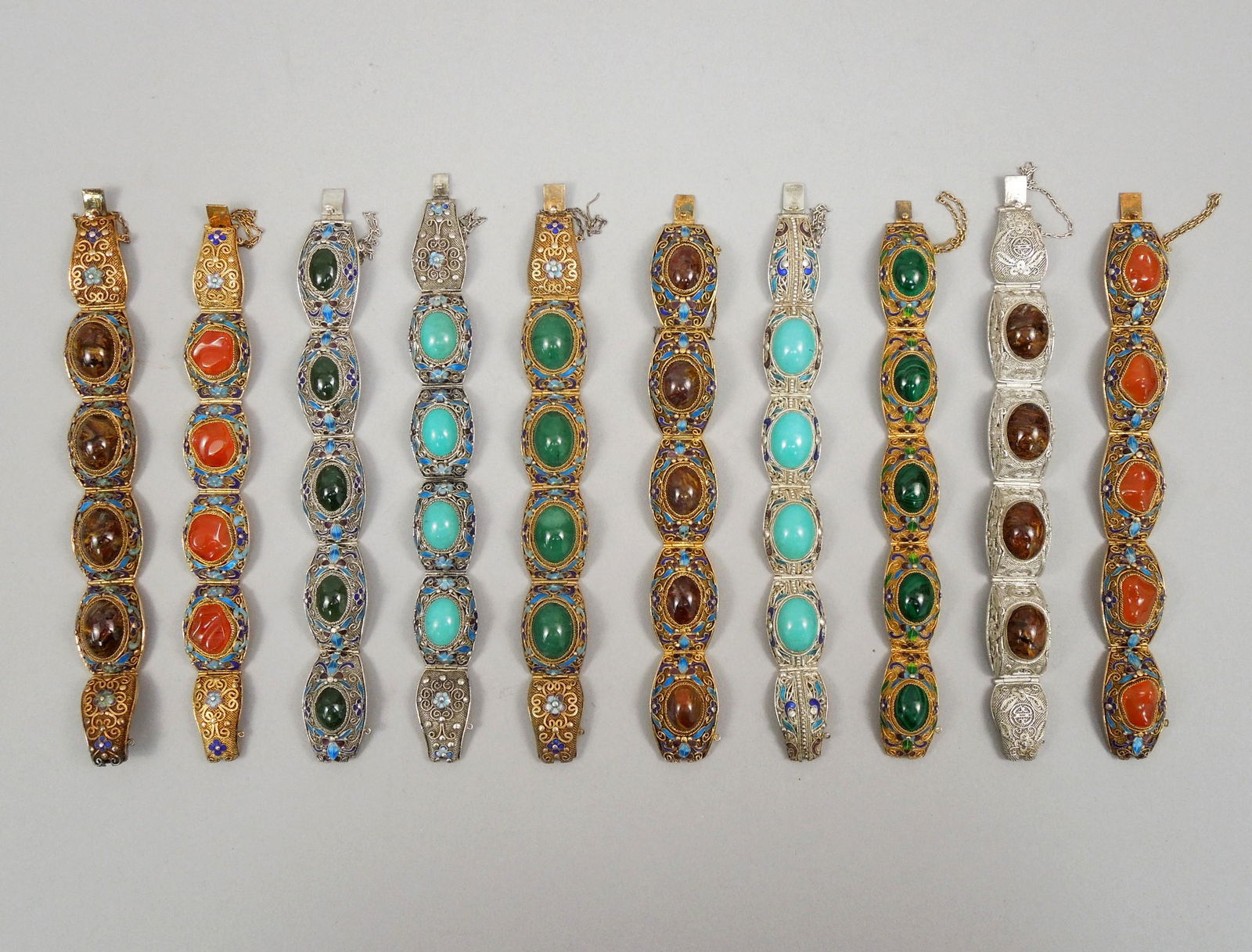 (10) Chinese Silver Filigree and Stone Bracelets. (1 of 4)