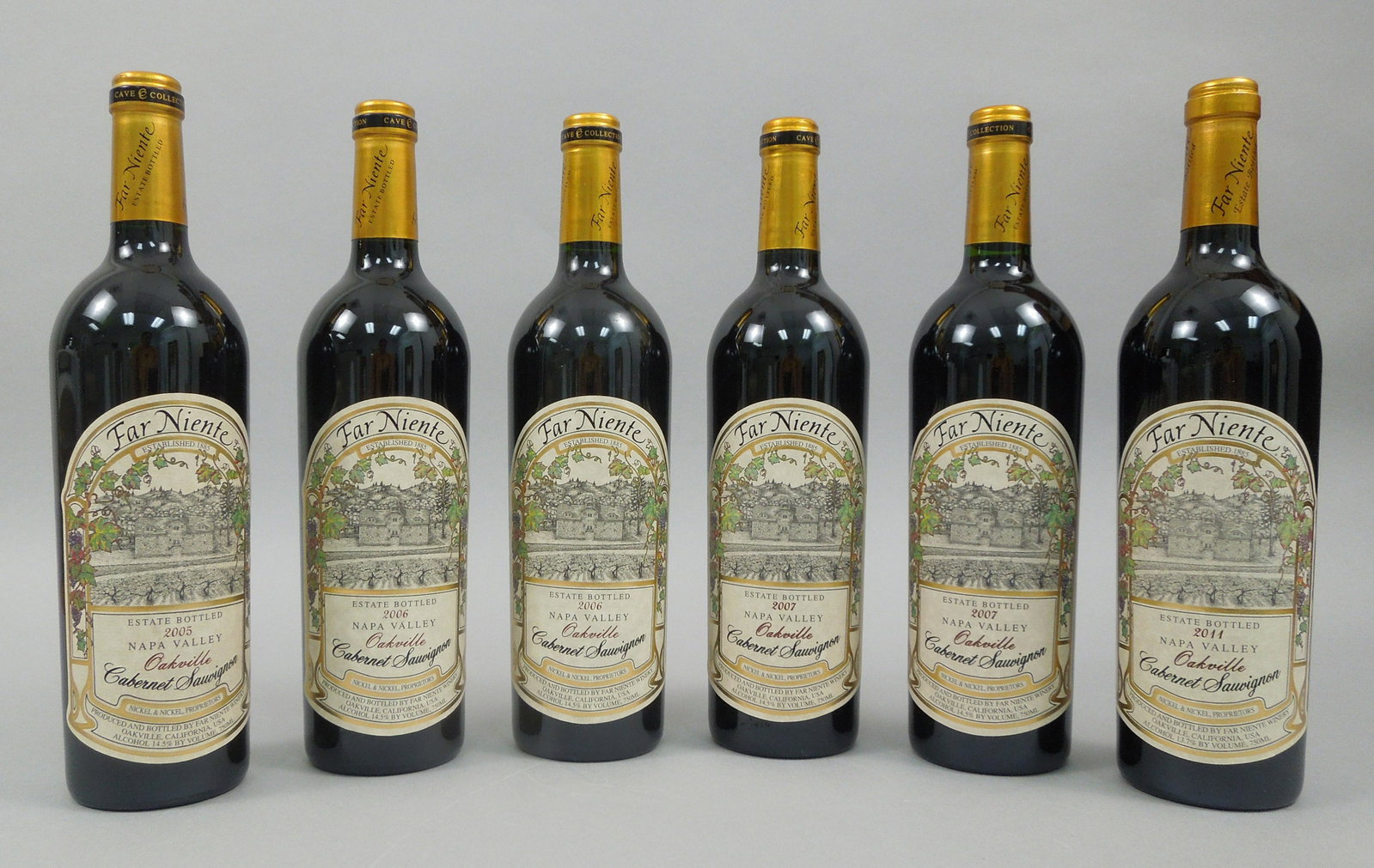 Six Bottles Far Niente Cabernet Sauvignon.: Six bottles Far Niente Cabernet Sauvignon, Estate Bottled, Oakville, Napa Valley California. Includes vintages 2005 (one bottle), 2006 (two bottles), 2007 (two bottles), and 2011, (one bottle). (6 X 7
