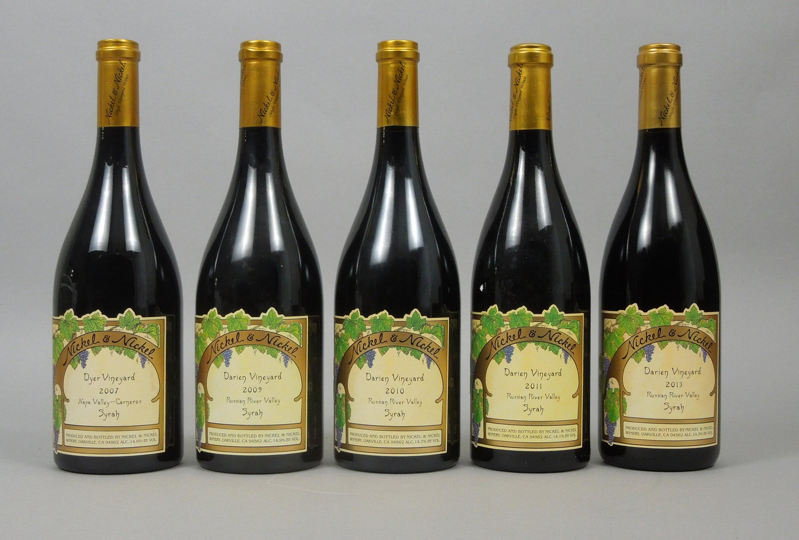 Five Bottles Nickel & Nickel Syrah.: From the founders of Far Niente, five bottles of Nickel & Nickel Syrah, . Includes four bottles Darien Vineyard, Russian River Valley vintages 2009, 2010, 2011, and 2013, and one bottle Dyer Vineyard,