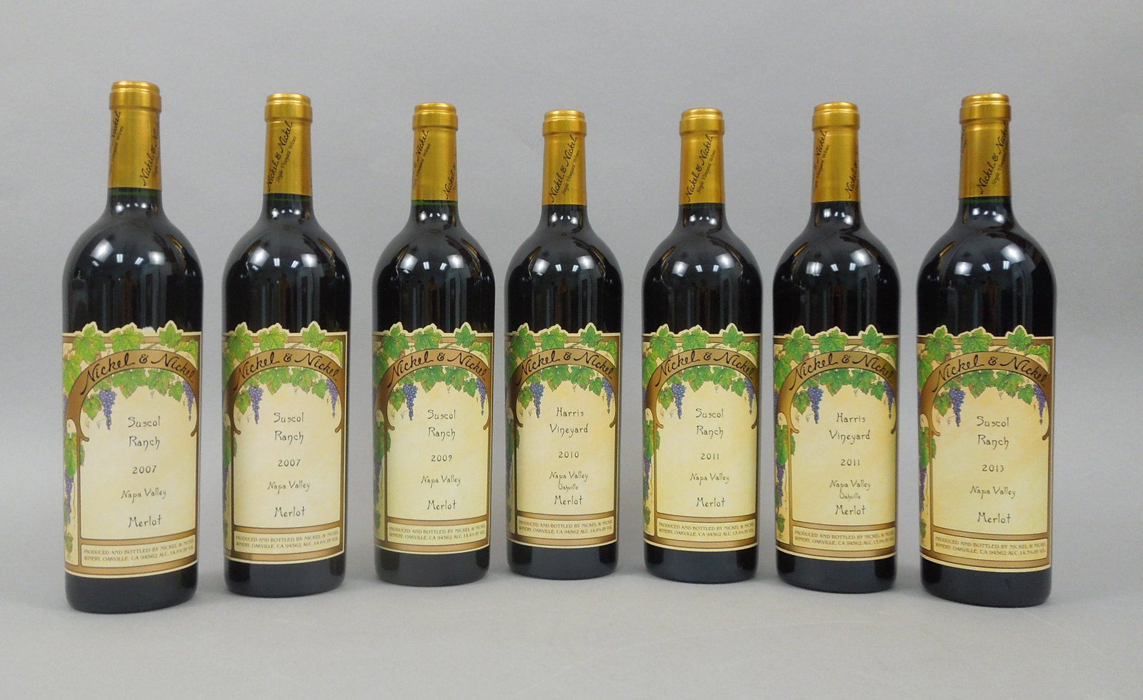 Seven Bottles Nickel & Nickel Merlot.: From the founders of Far Niente, seven bottles of Nickel & Nickel Merlot. Five bottles Suscol Ranch, Napa Valley vintages 2007 X 2, 2009, 2011, 2013, and two bottles Harris Vineyard, Oakville, vintage