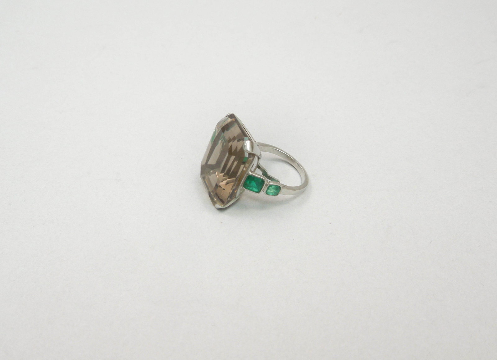 Platinum, Smokey Quartz and Emerald Ring. (1 of 4)